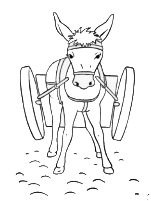 Coloring page donkey pulling a cart